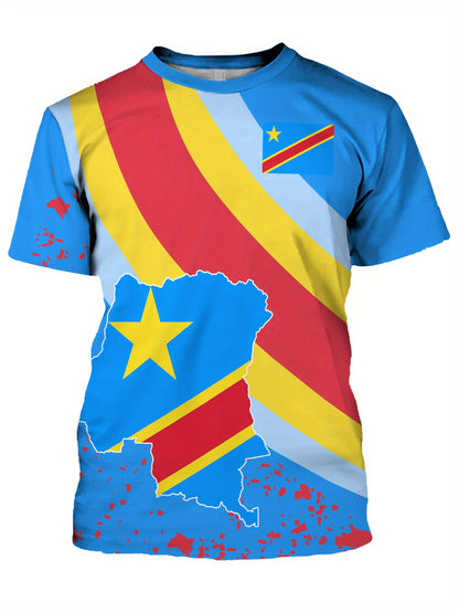 T-shirt à col rond à manches courtes pour homme avec imprimé à thème congolais, T-shirt décontracté d'été pour les vêtements quotidiens et les lieux de villégiature