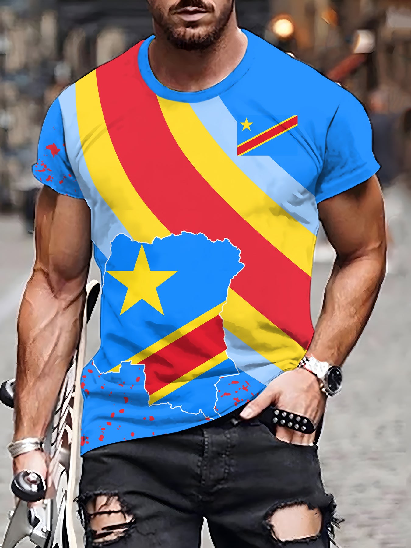 T-shirt à col rond à manches courtes pour homme avec imprimé à thème congolais, T-shirt décontracté d'été pour les vêtements quotidiens et les lieux de villégiature