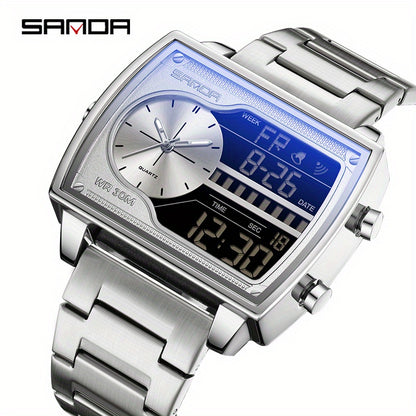 SANDA Avant-Garde Men's Watch, Dual Display, Multifunctional Digital Quartz Movement, Alloy Case, Stainless Steel Strap with Calendar, Alarm and 24 Hour Function 