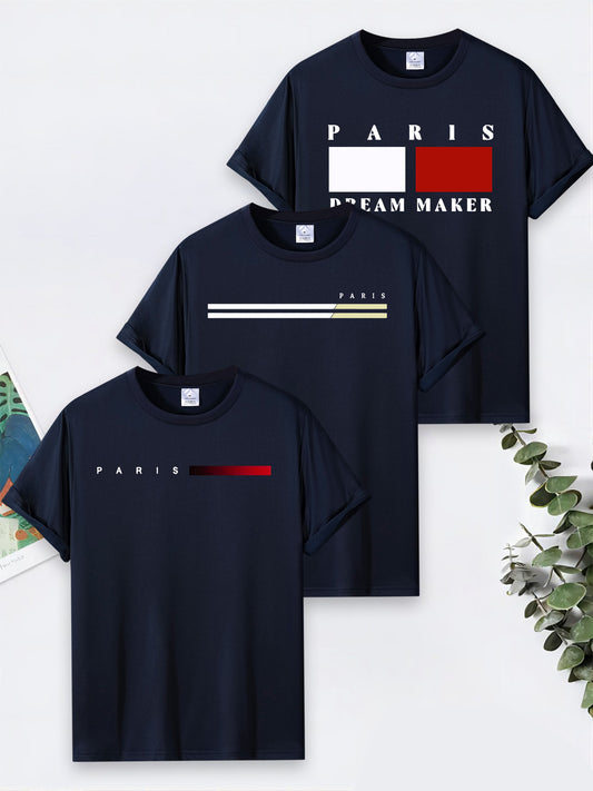 3 t-shirts ras du cou pour hommes, avec imprimé du nom de la ville de Paris, style sport décontracté, hauts à manches courtes.