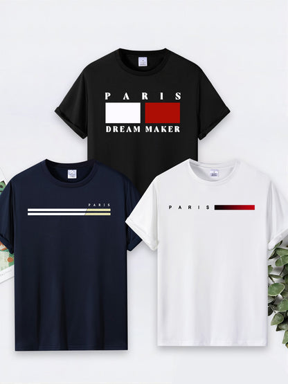 3 t-shirts ras du cou pour hommes, avec imprimé du nom de la ville de Paris, style sport décontracté, hauts à manches courtes.