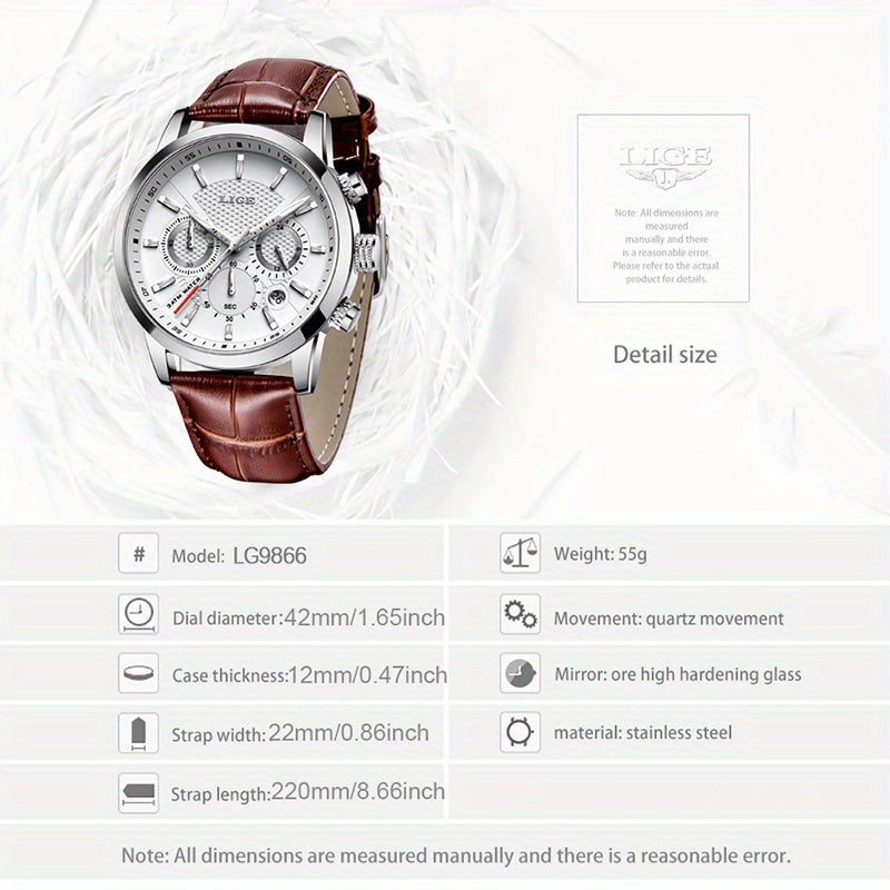 LIGE Business watch with new fashion leather strap. Waterproof function, multiple dial display date/second/minute, luxury brand watches for women/men, suitable as holiday gift. 