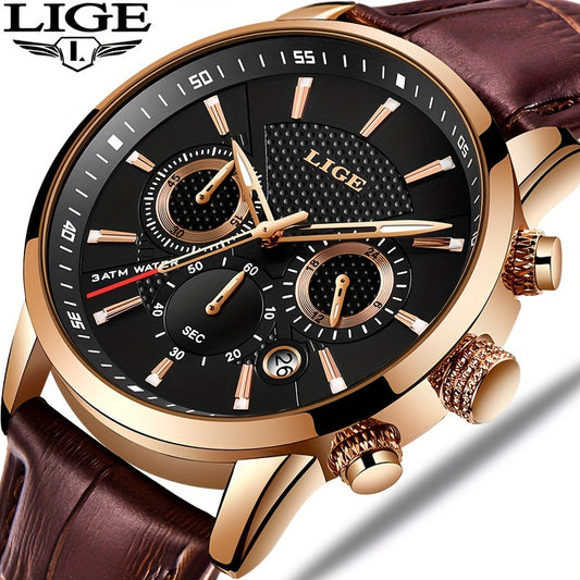 LIGE Business watch with new fashion leather strap. Waterproof function, multiple dial display date/second/minute, luxury brand watches for women/men, suitable as holiday gift. 