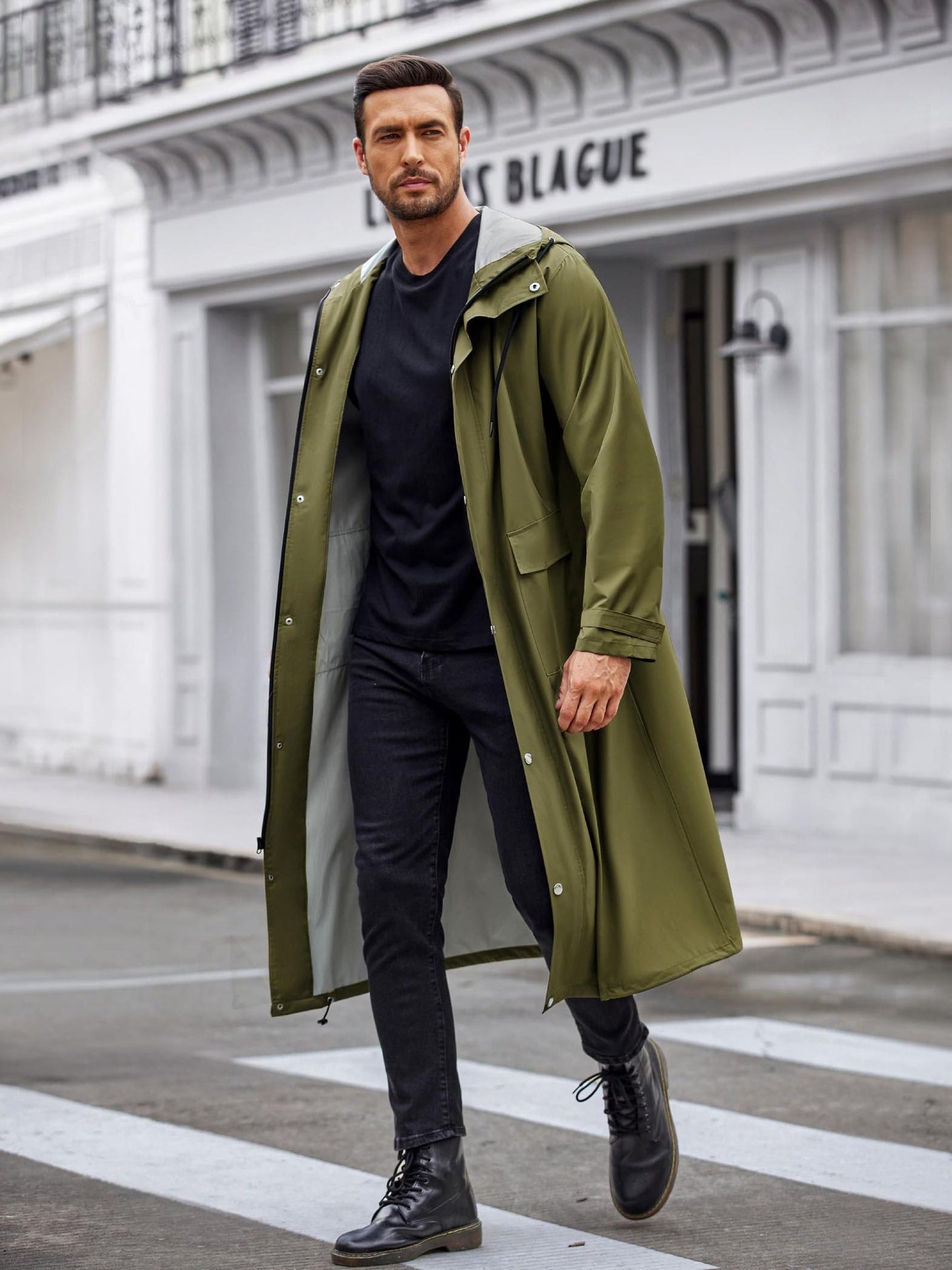 Veste de pluie imperméable et légère pour homme avec capuche - Long manteau de pluie actif