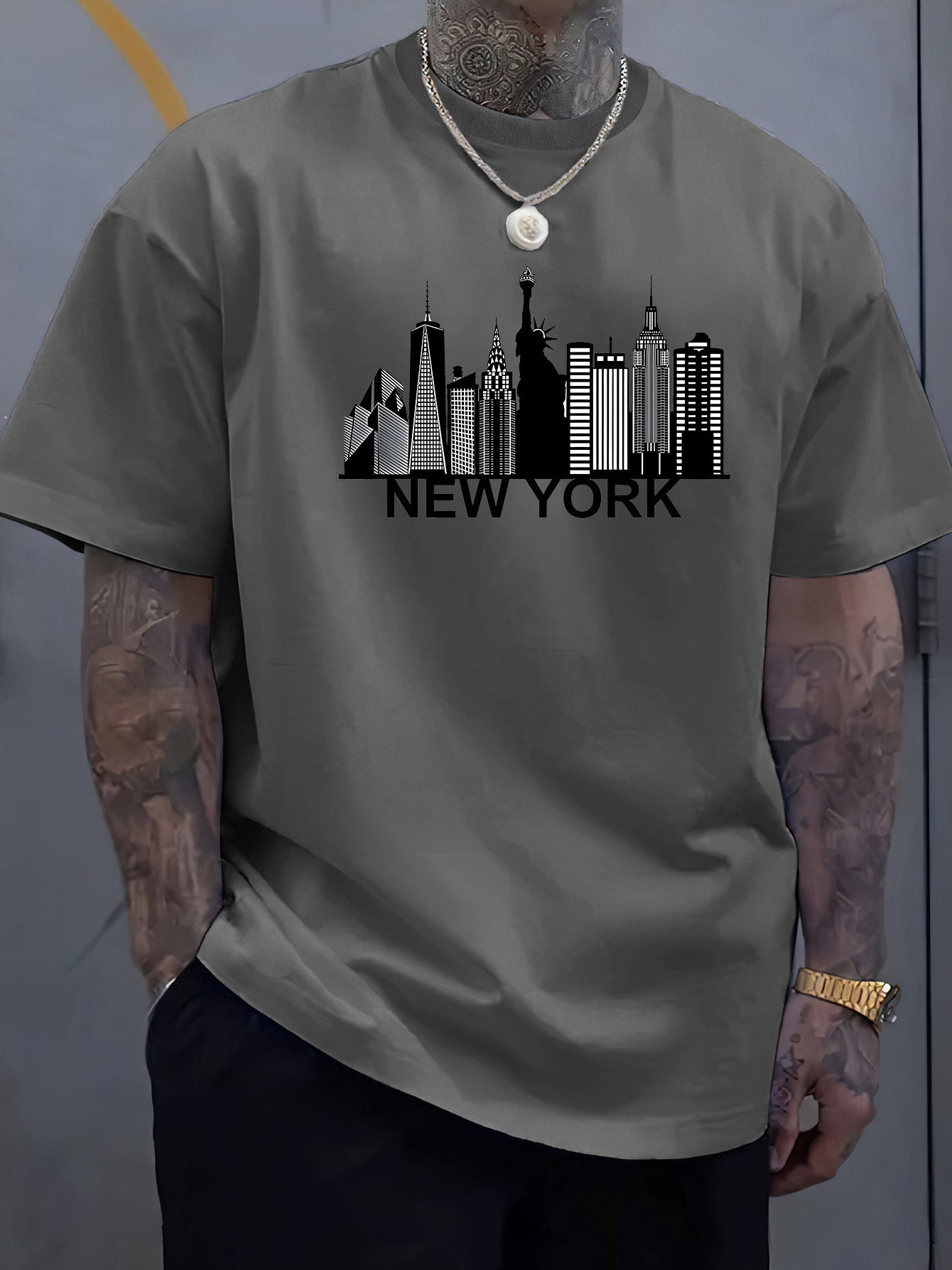 T-shirt imprimé Street Style Homme New York City, T-shirt à col rond en polyester à manches courtes, haut en tricot décontracté pour l'été