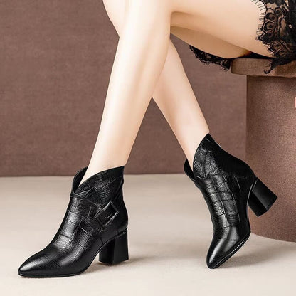 Women's Elegant Black Pointed Toe Ankle Boots - Chic Mid Heel, Side Zipper, Faux Leather with Rubber Sole 