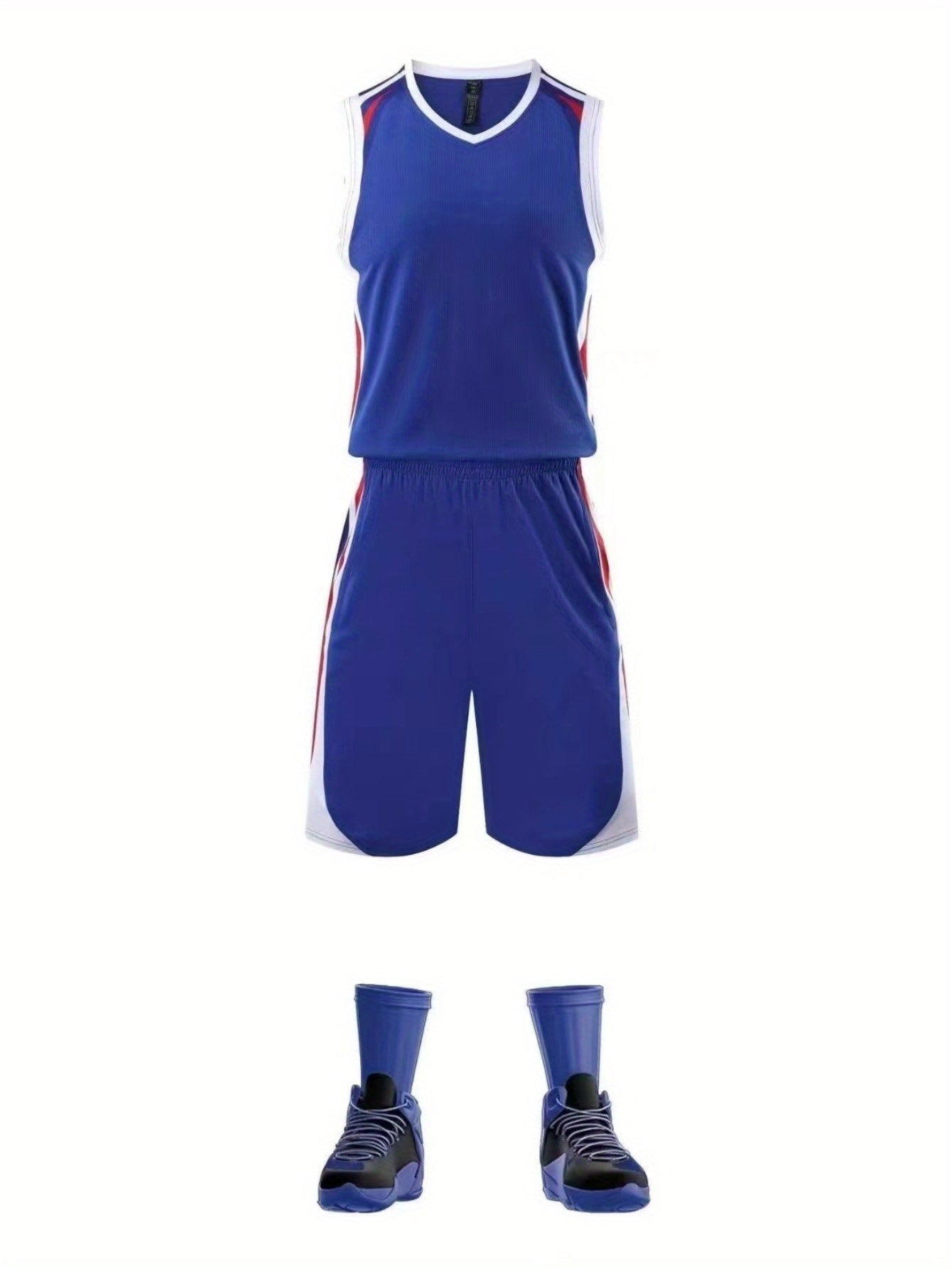 Ensemble de basketball pour hommes, tenue d'entraînement athlétique, maillot et short en polyester anti-humidité, col en V, motif géométrique, séchage rapide, lavable en machine.