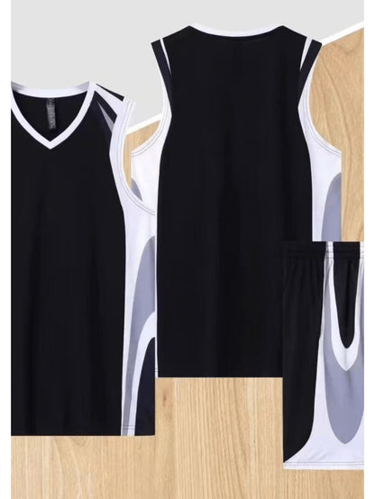 Ensemble de basketball pour hommes, tenue d'entraînement athlétique, maillot et short en polyester anti-humidité, col en V, motif géométrique, séchage rapide, lavable en machine.