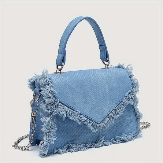 Sac Bandoulière Mini Chic en Denim Bleu avec Détail de Pompon - Sac à Main à Chaîne d'Inspiration Vintage pour Femmes