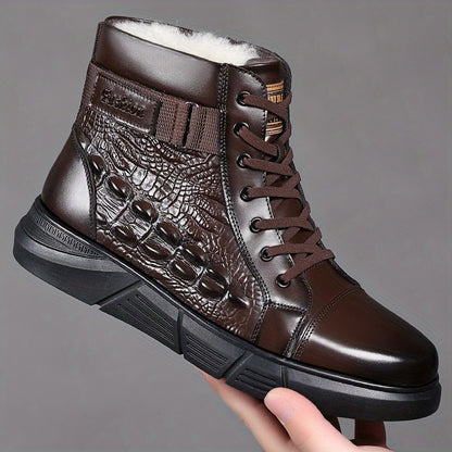 Bottes d'Hiver Homme Premium Vraies Faux - Chaudes, Doublées en Polaire Épaisse, Bottes de Neige Mi-Mollet Antidérapantes avec Motif Crocodile & Fermeture Éclair Latérale