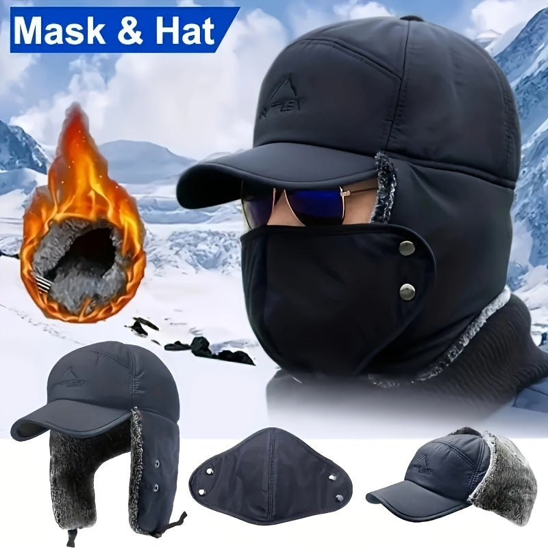 Bonnet de Ski Coupe-Vent avec Masque Facial Détachable & Rabats d'Oreilles pour Activités Extérieures en Hiver - Lavable à la Main