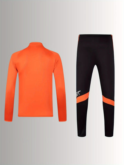 Ensemble athlétique à manches longues pour hommes : séchage rapide, respirant, tenue de course pour le fitness en groupe, entraînement de football - coupe standard, mélange de polyester, motif géométrique, col rond, tissu tricoté extensible