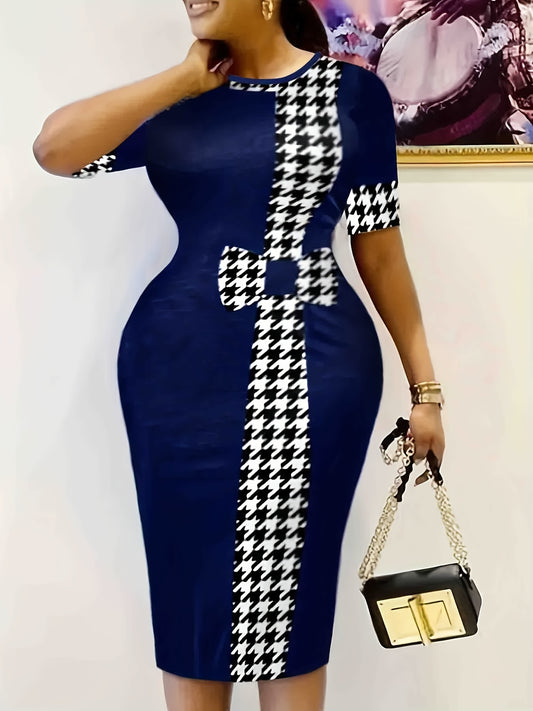 Plus Size Houndstooth Print Round Neck Dress, Elegant Short Sleeve Dress for Spring and Summer, Plus Size Clothing for Women 