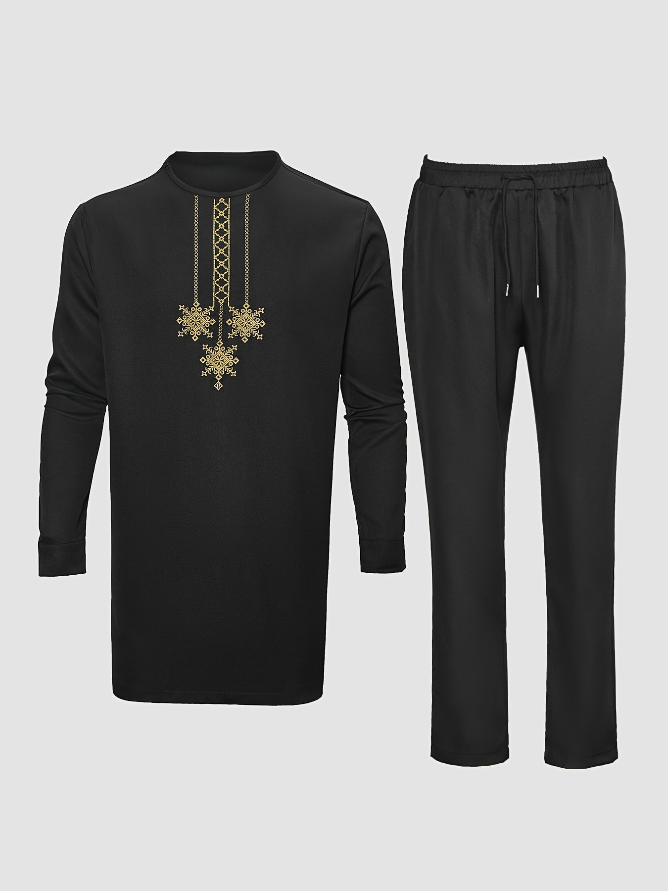 Ensemble Dashiki pour hommes - Haut à col rond à manches longues brodé avec épaule zippée, ourlet fendu sur le côté et pantalon à taille élastique, mélange de polyester, vêtements toutes saisons, tenue africaine pour fête, noir (ensemble 2 pièces)