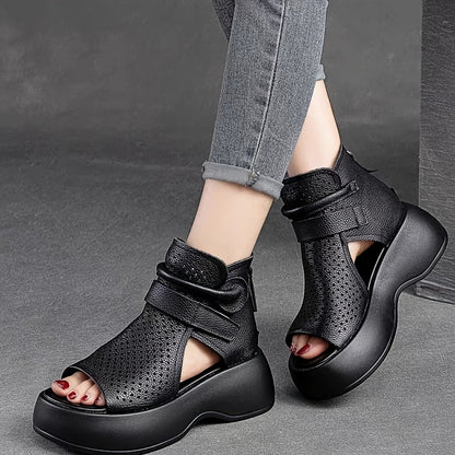 Women's Stylish Solid Color Sandals, Back Zipper Soft Sole Platform Walking Shoes, Breathable Vacation Shoes. 