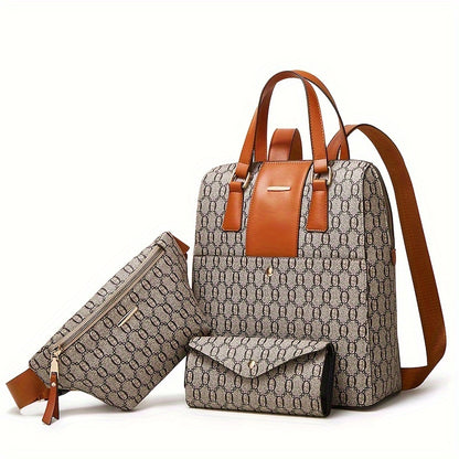 3pcs Ensemble De Sac À Dos À Motif Géométrique, Sac À Dos En Cuir PU À La Mode Avec Sac De Taille Et Sac D'embrayage