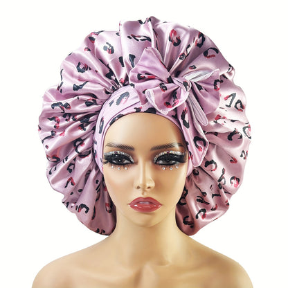 Bonnet en satin surdimensionné à imprimé léopard, élégant grand nœud papillon, bonnet de nuit à lacets, bonnet de douche léger et élastique, bonnets de cheveux pour femmes, usage quotidien.