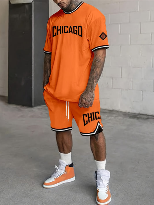 Tenue pour homme, T-shirt à manches courtes à col rond et imprimé graphique de Chicago, short à cordon de serrage, ensemble 2 pièces pour activités de plein air en été.