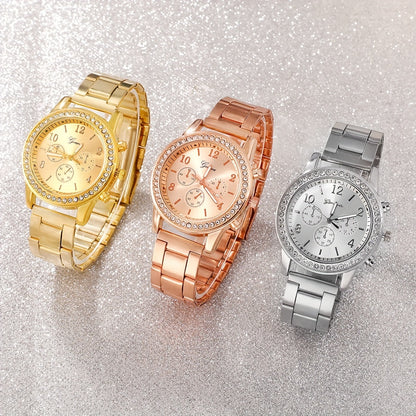 3pcs Elegant Women's Watch Set with Rhinestone Accents - Stainless Steel Bracelet, Quartz Movement, Non-Waterproof 