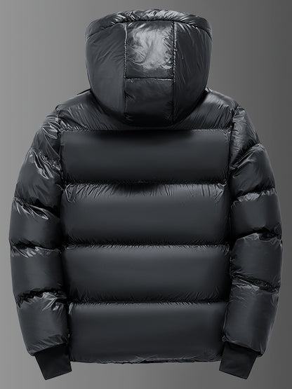 Veste en duvet synthétique à capuche unie pour homme, confortable et tendance, épaisse et chaude, à manches longues, col montant, manteau bouffant, comme cadeau pour l'hiver.