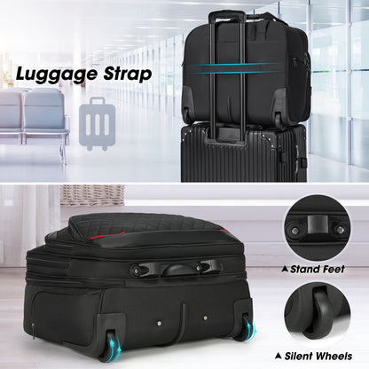 NUBILY Sac à roulettes pour ordinateur portable 17.3 pouces - Valise à roulettes pour hommes et femmes - Bagage à main sous le siège - Sac d'ordinateur étanche - Sacs à roulettes pour ordinateur portable - Poches RFID - Noir matelassé