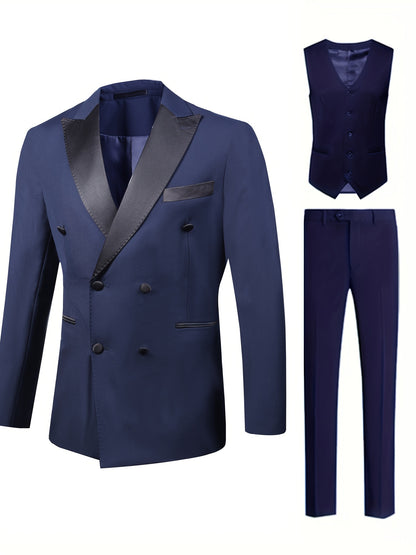 Ensemble Formel 3 Pièces, Veste De Costume À Double Boutonnage Pour Hommes, Gilet Élégant Et Pantalon Habillé, Ensemble De Costume Pour Dîner D'affaires Et Fête De Mariage