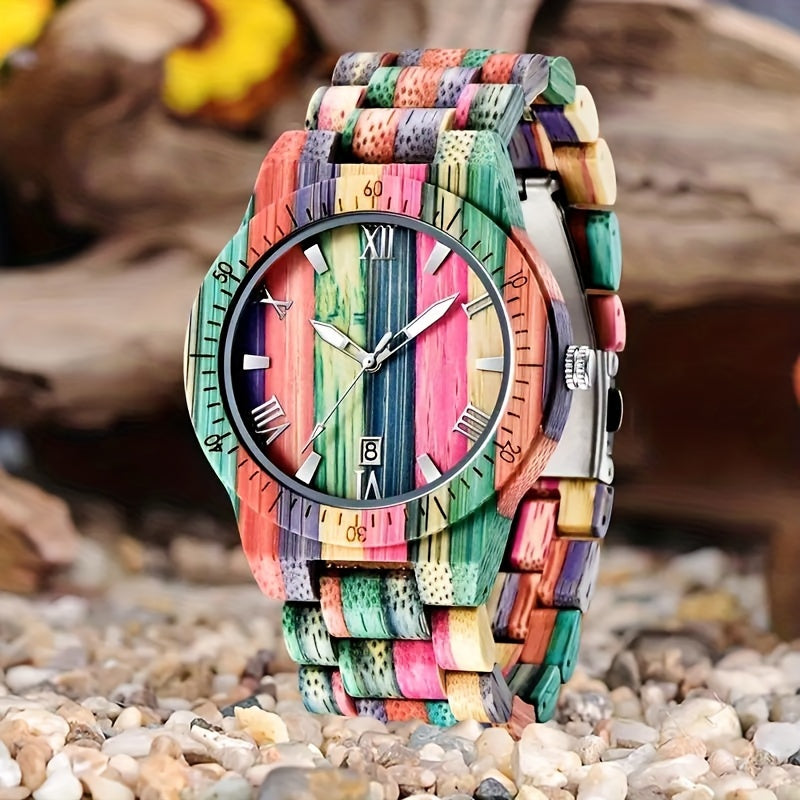 Handmade Multicolor Bamboo Wristwatch for Men | Round Quartz Movement | Non-Waterproof with Date Function | Unique Personalized Gift for Father or Son | Festive Style with Luminous Hands and Folding Clasp 