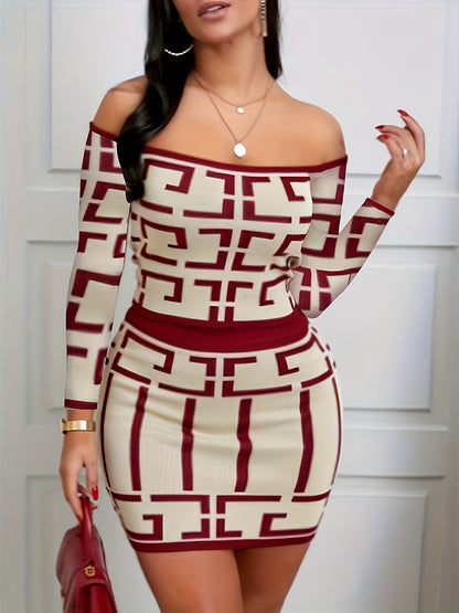 Casual Geometric Print Two Piece Set, Off Shoulder Short Sleeve Top and High Waist Slim Skirt, Women Clothing 