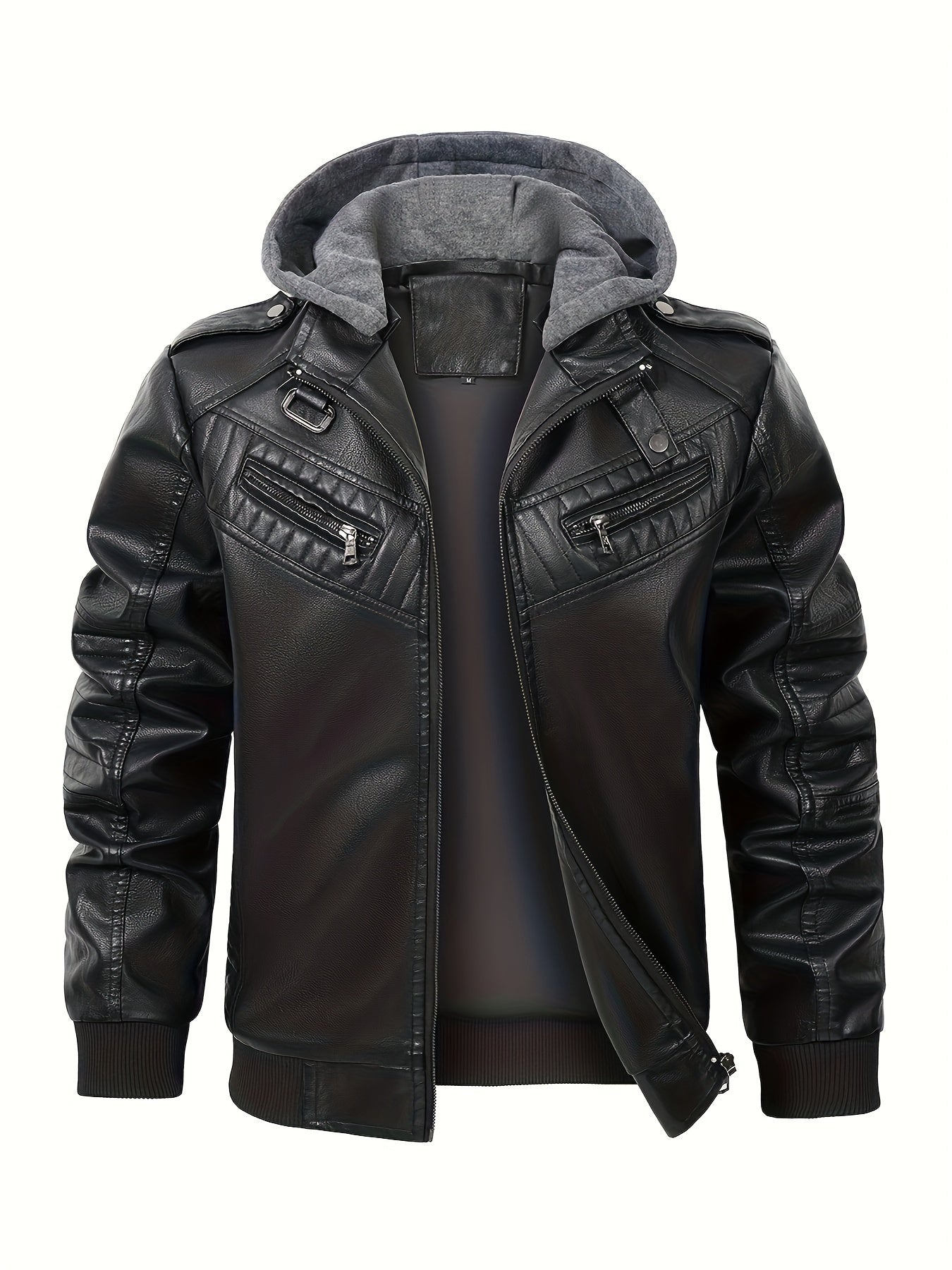 Veste en cuir PU pour homme avec capuche et poches, veste de moto zippée élégante pour homme pour l'automne et l'hiver