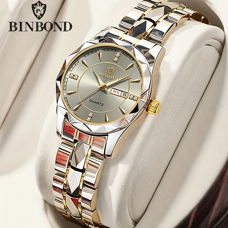 BINBOND Women Stainless Steel Watch Cutout Dial Luxury Rhinestone Quartz Watch Retro Style Analog Luminous WR 