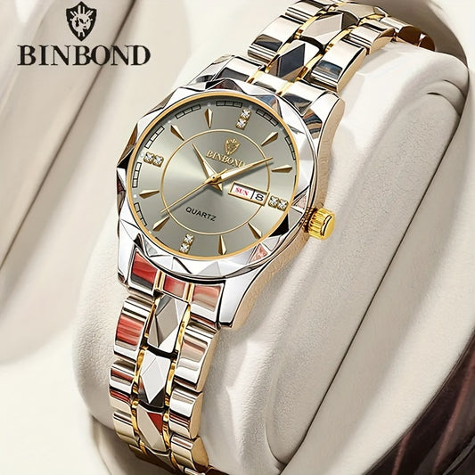 BINBOND Women Stainless Steel Watch Cutout Dial Luxury Rhinestone Quartz Watch Retro Style Analog Luminous WR 