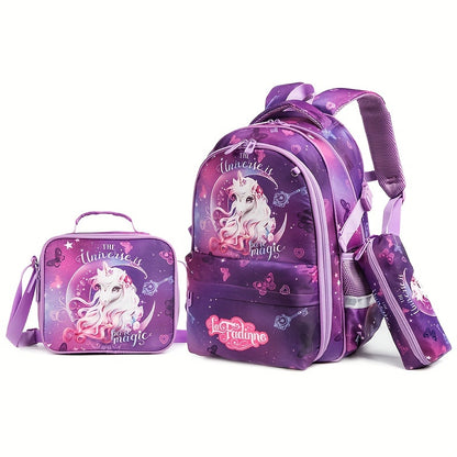 Ensemble de sac à dos d'école licorne 3 pièces, sac à dos de dessin animé avec sac à lunch isotherme et étui à crayons