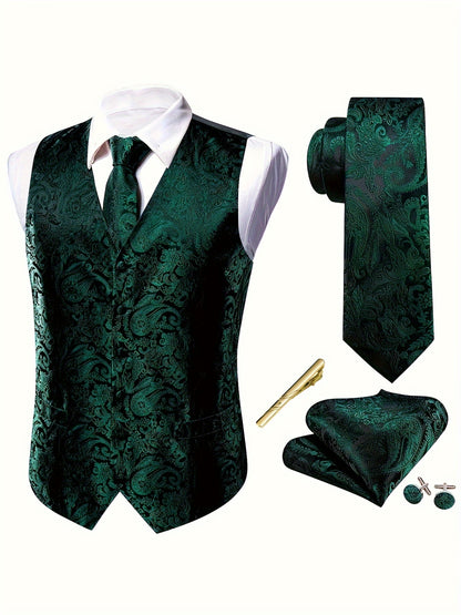 Ensemble 5 Pièces, Costume De Gilet De Col En V Jacquard À Motif Floral Doré Royal Pour Hommes De Grande Taille, Gilet Cravate Mouchoir boutons De Manchette Et Epingles De Cravate, Ensemble De Costume De Mariage