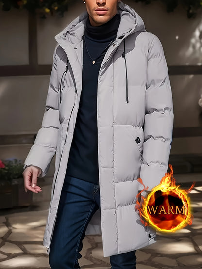 Veste d'hiver longue et chaude pour homme, couleur unie, col montant, rembourrée en duvet synthétique, cadeau idéal.