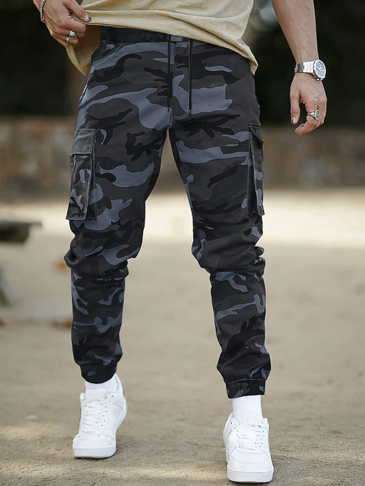 Trendy Cotton Camouflage Cargo Pants, Casual Loose Trousers with Multi Flap Pockets, Men's Work Pants, Hip-hop Streetwear Style 