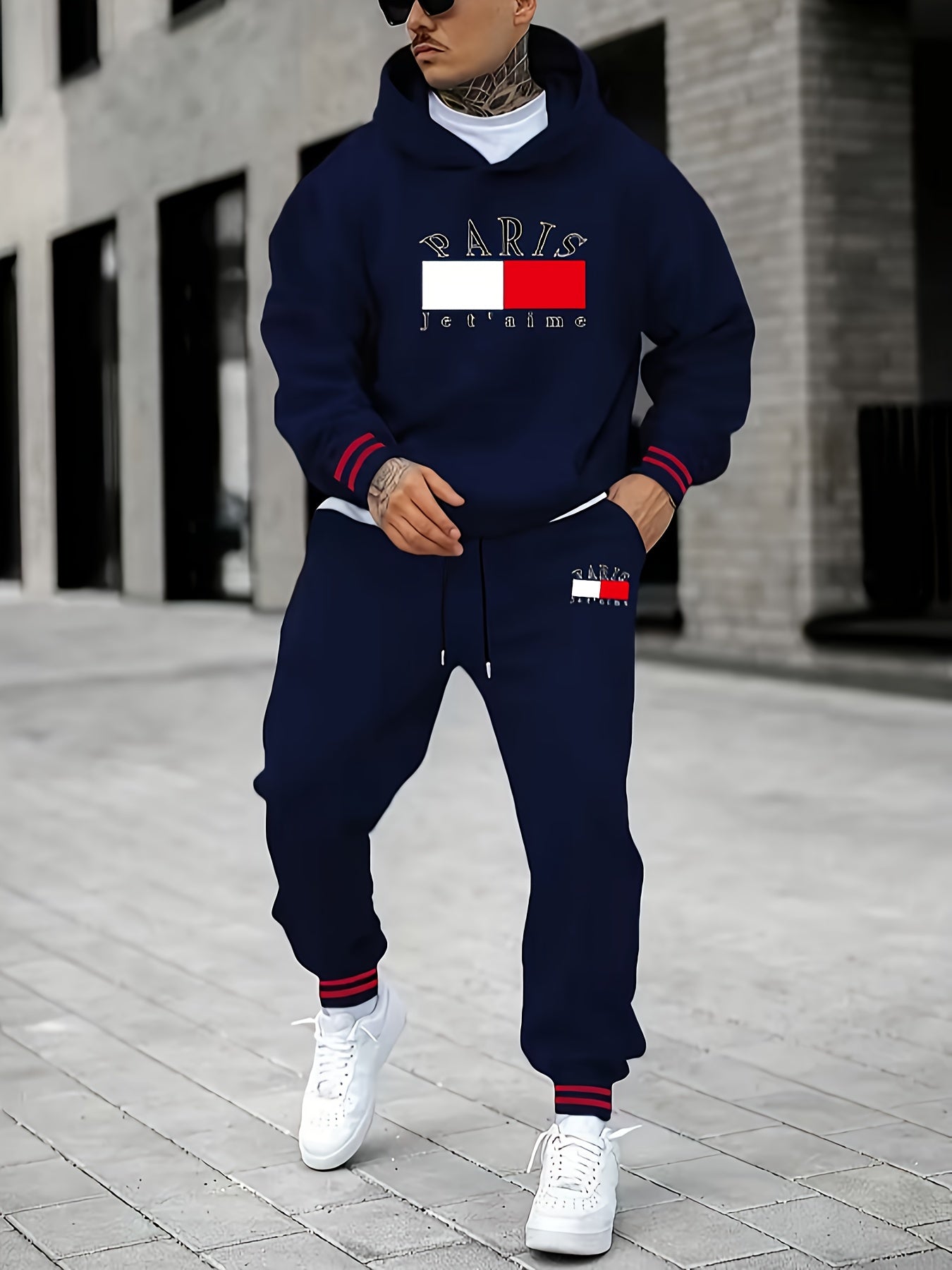 Ensemble De Tenue De Sport 2 Pièces Imprimé PARIS Pour Hommes, Sweat-shirt À Capuche Avec Poche Kangourou Et Pantalon De Survêtement À Cordon De Serrage, Printemps-automne