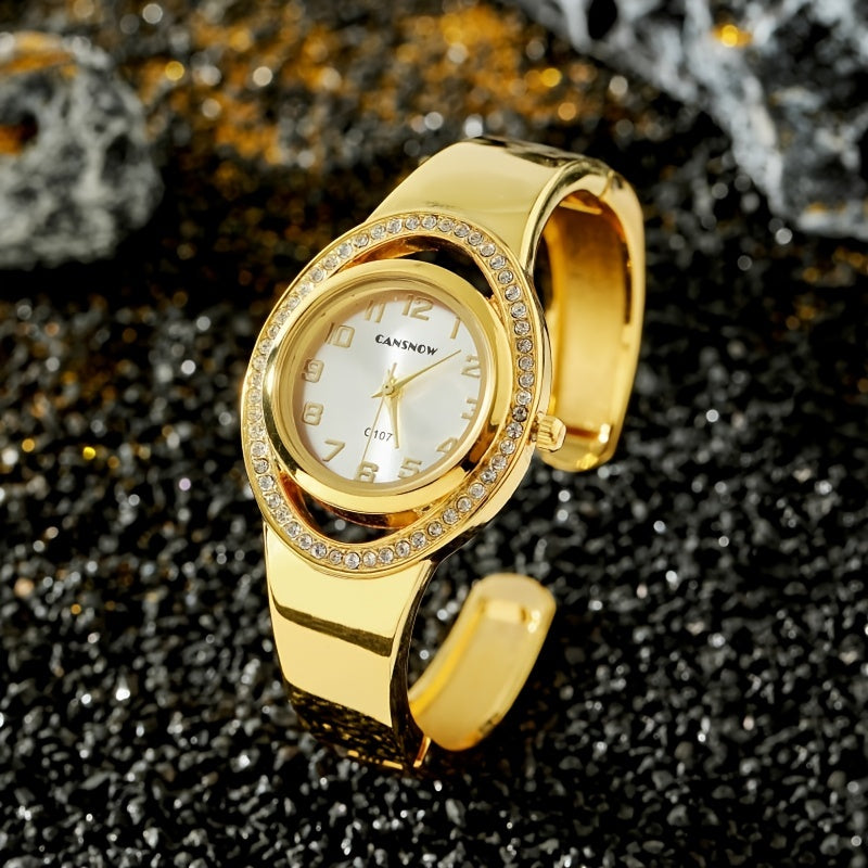 Montre Pour Femmes De Luxe En Quartz Avec Strass, Motif Creux, Style Analogique, Bracelet Manchette