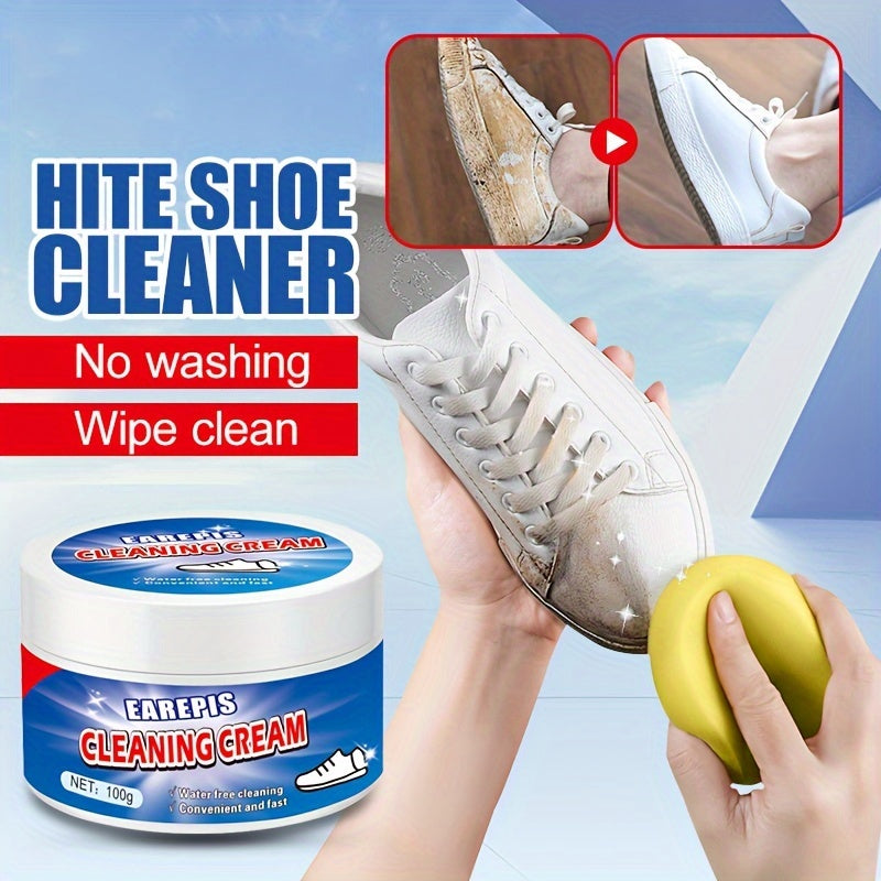 Crème nettoyante pour chaussures blanches EarEpis 100g, détachant pour baskets, formule sans lavage, nettoyage rapide avec éponge incluse, compatible avec la décoration intérieure