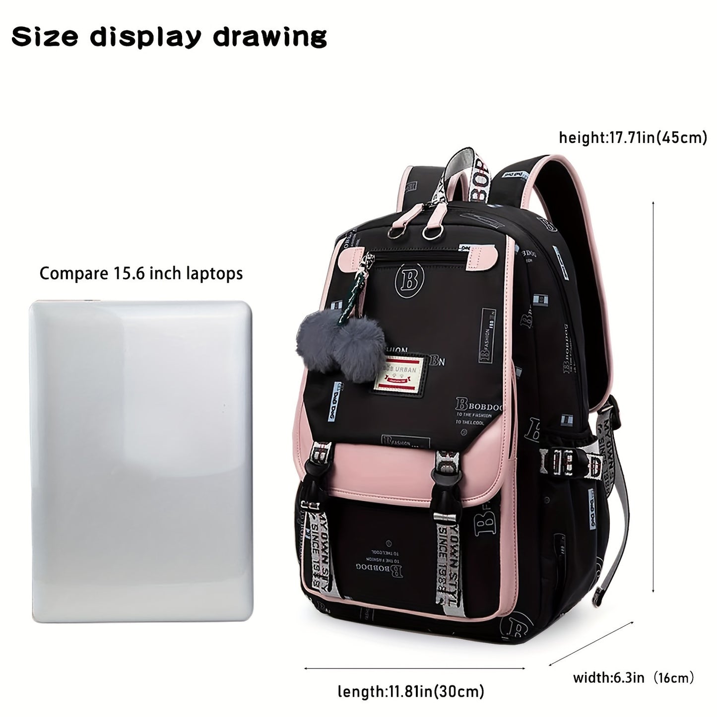 Casual school bag, lightweight and large capacity, can accommodate a laptop, multi-function waterproof wear-resistant portable backpack with a hanging plush ball 