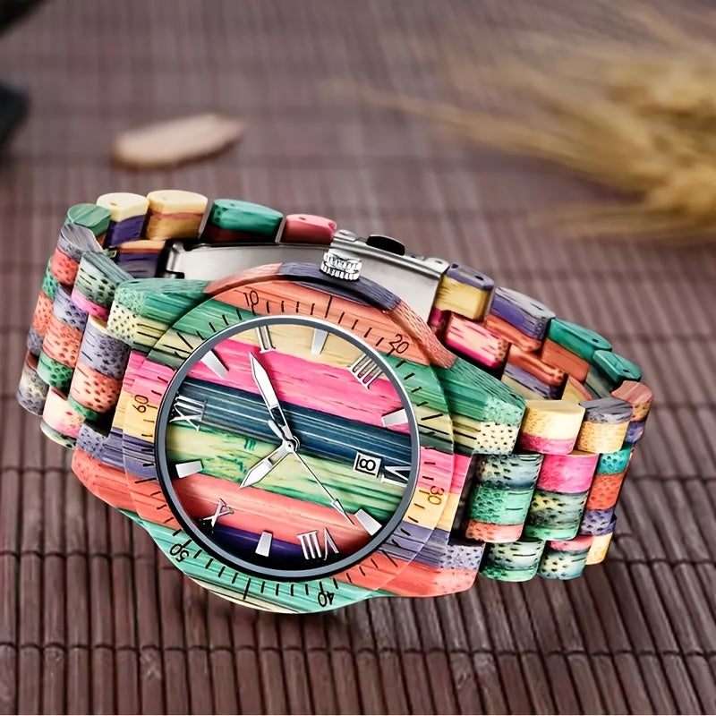 Handmade Multicolor Bamboo Wristwatch for Men | Round Quartz Movement | Non-Waterproof with Date Function | Unique Personalized Gift for Father or Son | Festive Style with Luminous Hands and Folding Clasp 