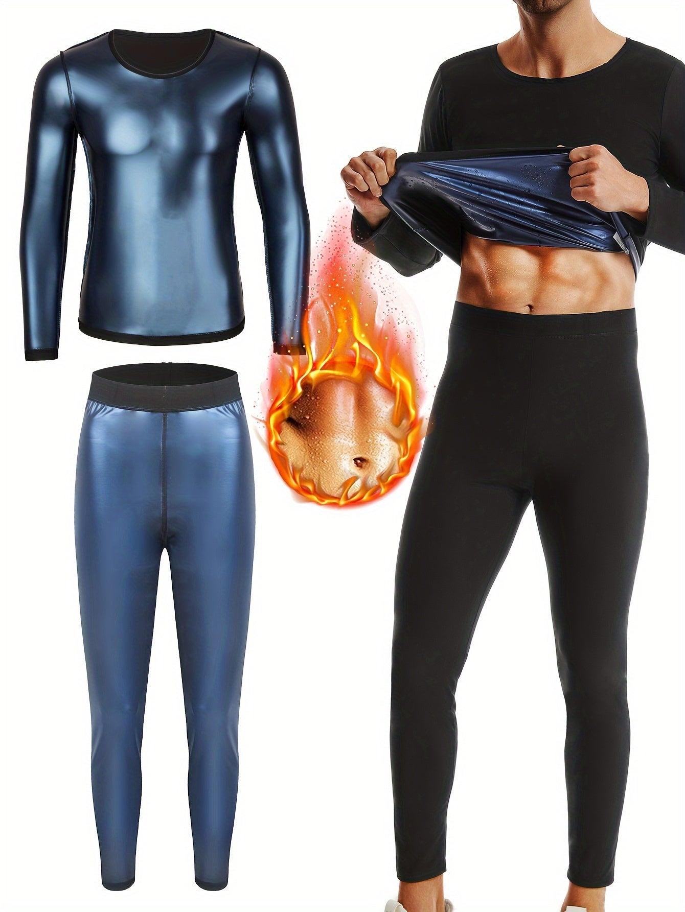 Ensemble de sauna pour hommes - Haut de compression à manches longues et pantalon de compression pour le sport, la course à pied, le fitness, le yoga et l'entraînement