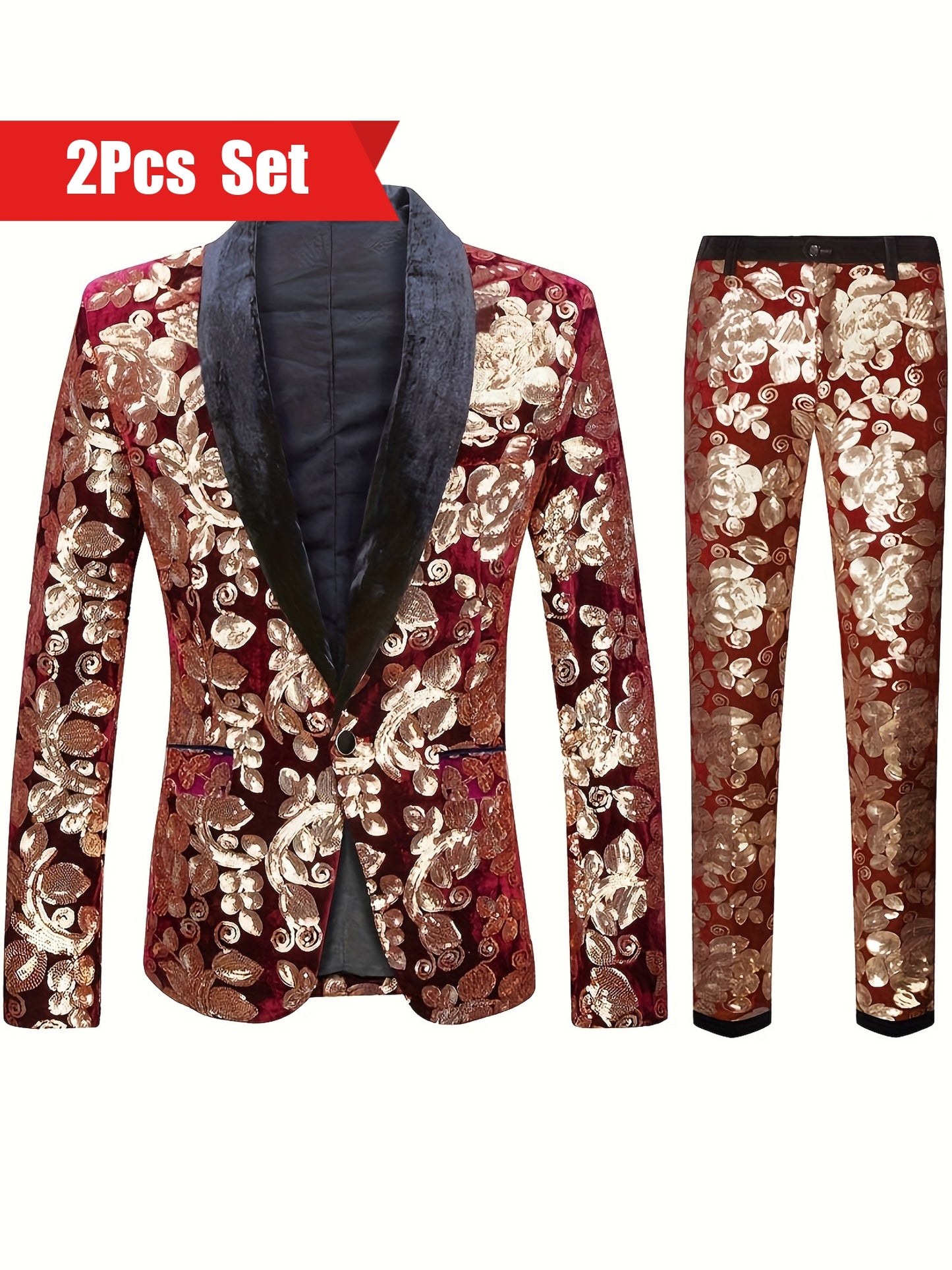 Ensemble de costume 2 pièces à motif floral et paillettes pour homme, blazer à revers châle boutonné et pantalon de ville, mode masculine pour banquet et soirée