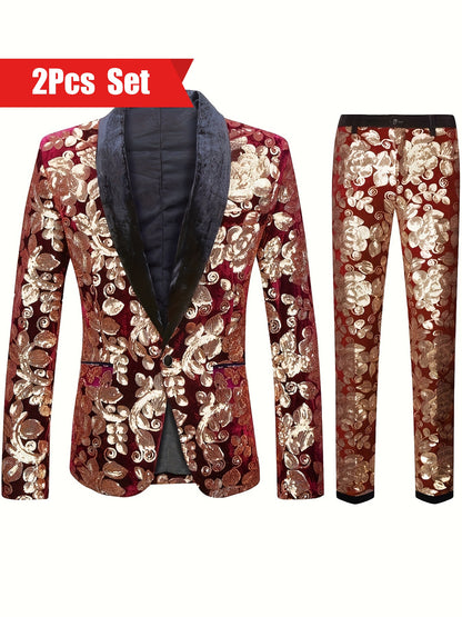 Ensemble de costume 2 pièces à motif floral et paillettes pour homme, blazer à revers châle boutonné et pantalon de ville, mode masculine pour banquet et soirée