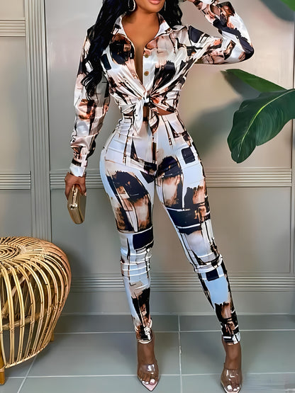 Casual Color Block Two Piece Set, Long Sleeve Button Front Shirt and Slim Fit Pants, Women Clothing 