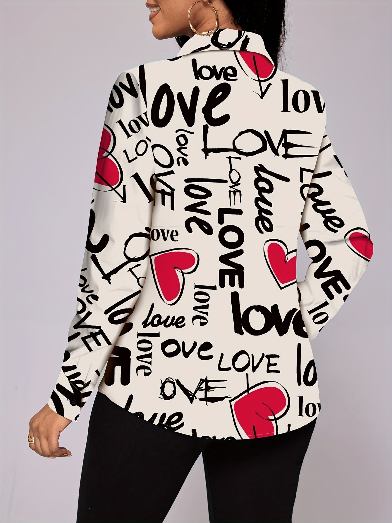 Heart Letter Print Button Front Shirt, Casual Long Sleeve Shirt for Spring and Autumn, Women's Clothing 