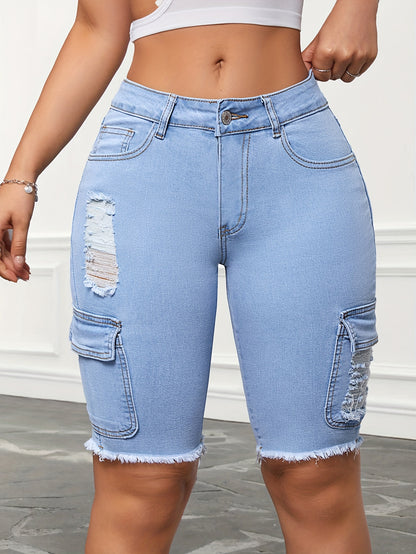 Short en jean bermuda taille haute extensible avec poches à rabat pour femmes, ourlet déchiré à la mode, short en jean longueur genou streetwear