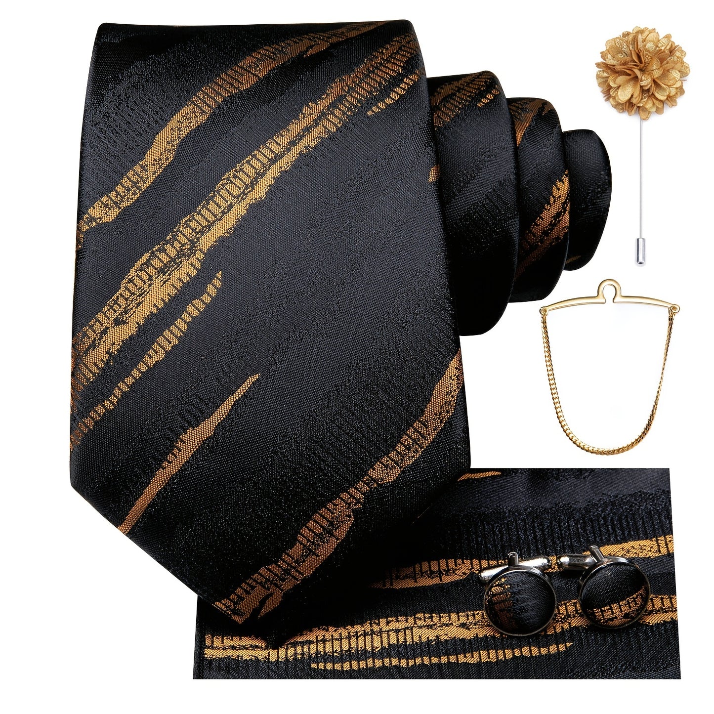 1set Hi-Tie Fashion Cravate rayée dorée et noire pour homme, boutons de manchette, mouchoir, chaîne de cravate, broche, accessoires de mariage, choix idéal pour un cadeau