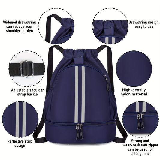 Drawstring Backpack, Water Resistant Gym Bag with Shoe Compartment, Two Side Mesh Pockets and Reflective Strip 