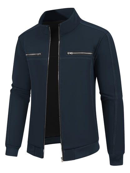 Veste en polyester casual pour homme JK6031, style bomber à fermeture éclair, taille régulière, manches longues, couleur unie, col de baseball, non extensible, port quotidien