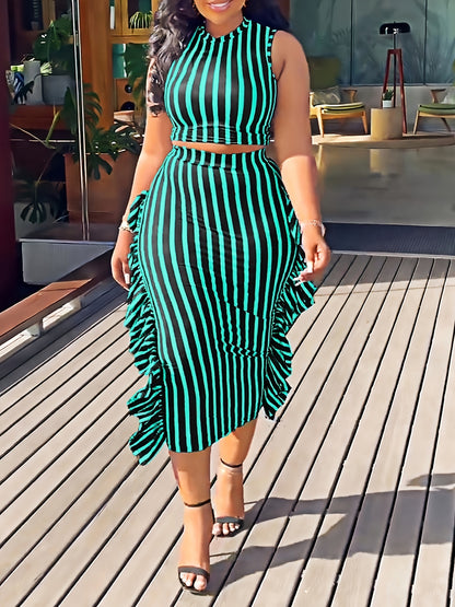 Striped Holiday Skirt Set, Cropped Tank Top and Ruffle Bodycon Midi Skirt, Women Clothing 